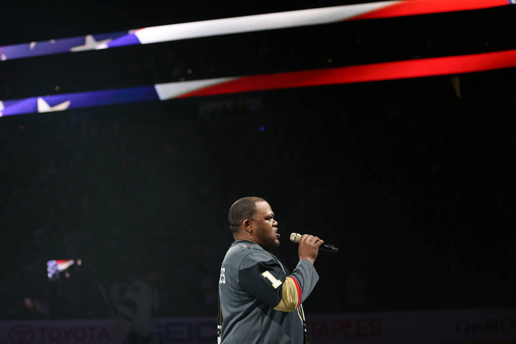 Carnell Johnson, also known as Golden Pipes, signs the national anthem during Game 1 of an NHL hockey second-round playoff series between Vegas Golden Knights and the San Jose Sharks at T-Mobile A ...