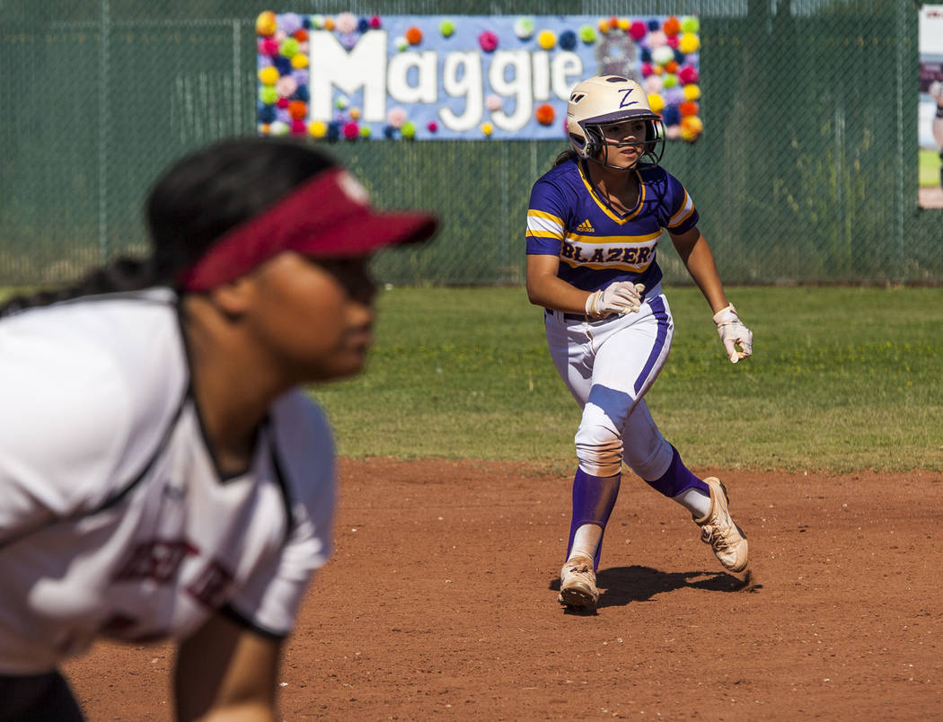 Durango infielder Destiny Cisneros leads off second base while playing against Desert Oasis in the second inning at Desert Oasis High School in Las Vegas on Thursday, May 3, 2018. Durango won 12-6 ...