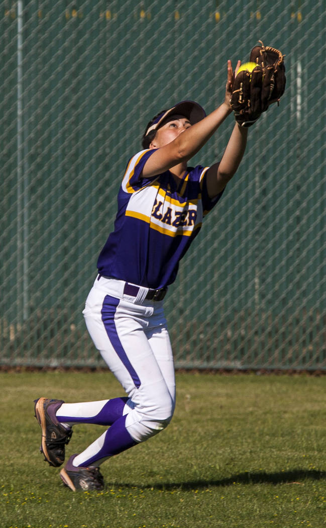 Durango outfielder Madisyn Conriquez catches a pop fly while playing against Desert Oasis during the third inning at Desert Oasis High School in Las Vegas on Thursday, May 3, 2018. Durango won 12- ...