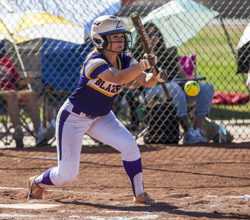 Durango infielder Isabel Perez bunts while playing against Desert Oasis in the fourth inning at Desert Oasis High School in Las Vegas on Thursday, May 3, 2018. Durango won 12-6. Patrick Connolly ...