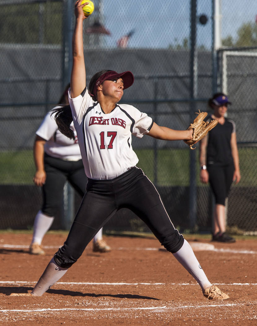 Desert Oasis pitcher Paisley Garcia pitches against Desert Oasis in the fifth inning at Desert Oasis High School in Las Vegas on Thursday, May 3, 2018. Durango won 12-6. Patrick Connolly Las Vega ...