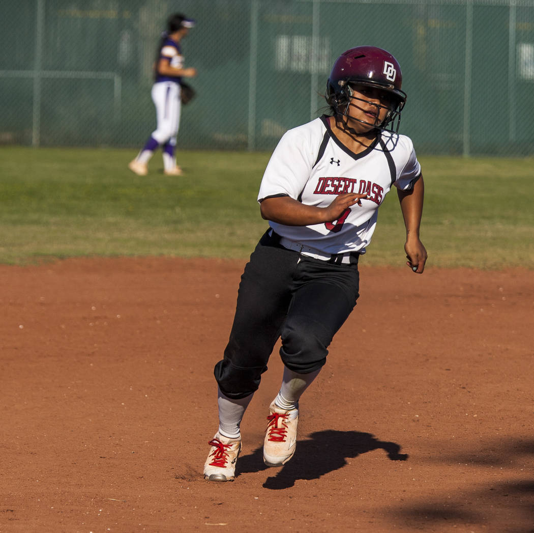 Desert Oasis outfielder Izriah Hodson runs toward third base while playing against Durango in the fifth inning at Desert Oasis High School in Las Vegas on Thursday, May 3, 2018. Durango won 12-6. ...