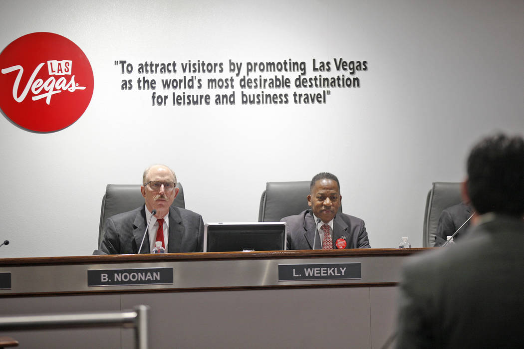 Las Vegas Convention and Visitors Authority member Bill Noonan, left, and chairman Lawrence Weekly, at a board of directors meeting at the Las Vegas Convention Center in Las Vegas, Tuesday, May 8, ...