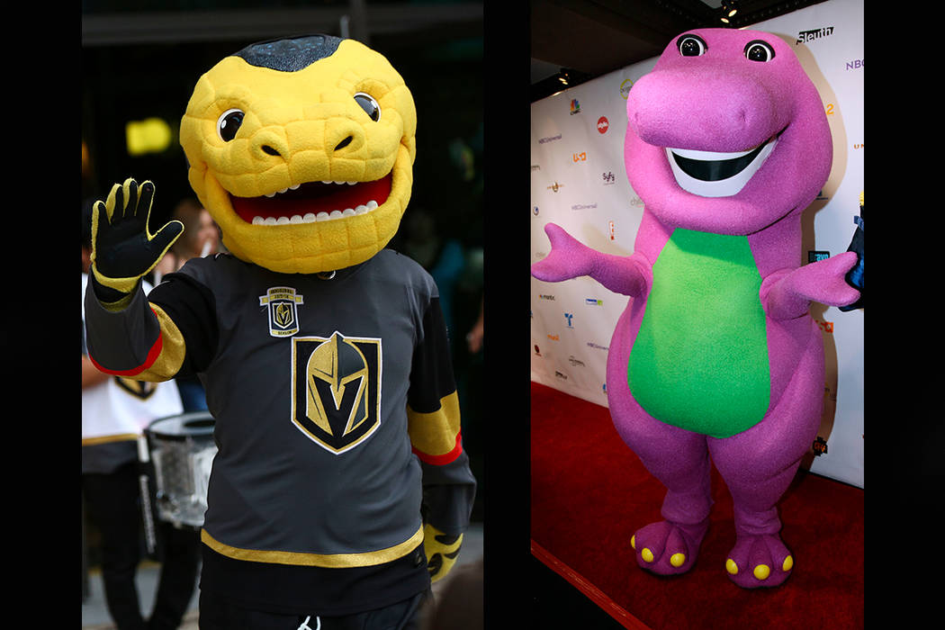Vegas Golden Knights mascot Chance (left), Barney the Dinosaur (Chase Stevens/Las Vegas Review-Journal, AP)