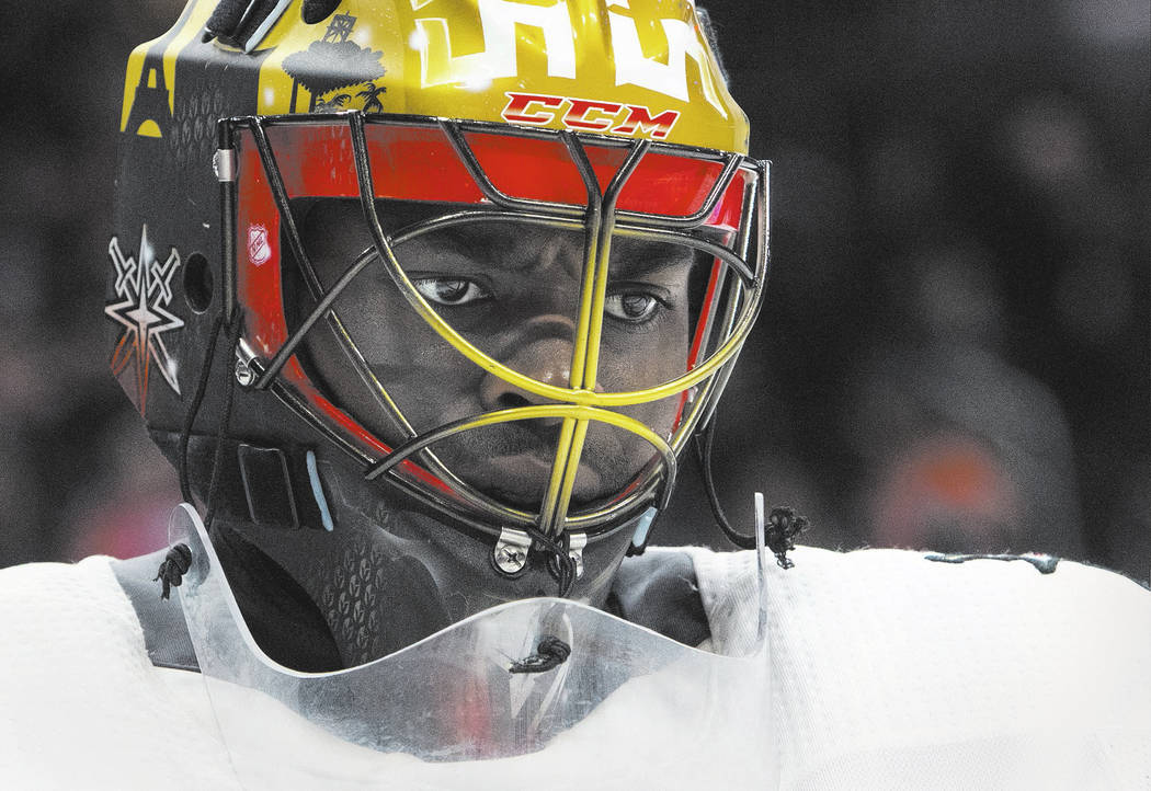 Vegas Golden Knights goalie Malcolm Subban (30) looks on during second-period NHL hockey game action against the Edmonton Oilers in Edmonton, Alberta, Thursday, April 5, 2018. (Amber Bracken/The C ...