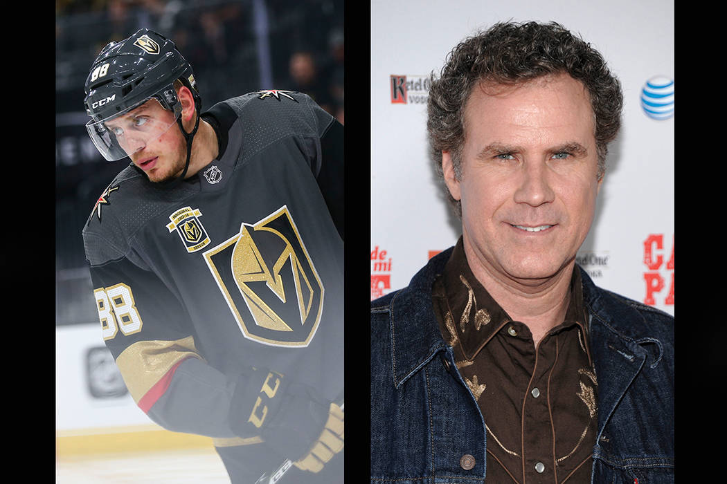 Vegas Golden Knights defenseman Nate Schmidt (left), Will Ferrell (Chase Stevens/Las Vegas Review-Journal, AP)