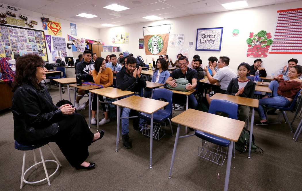 Clark High School teacher Luanne Wagner during a meeting of the KEEN Club Wednesday, May 2, 2018. Wagner is the club advisor for Keeping Everyone's Eyes on the Neighborhood, which provides food, s ...