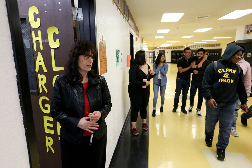 Clark High School teacher Luanne Wagner shows the Charger Closet during meeting of the KEEN Club Wednesday, May 2, 2018. Wagner is the club advisor for Keeping Everyone's Eyes on the Neighborhood, ...