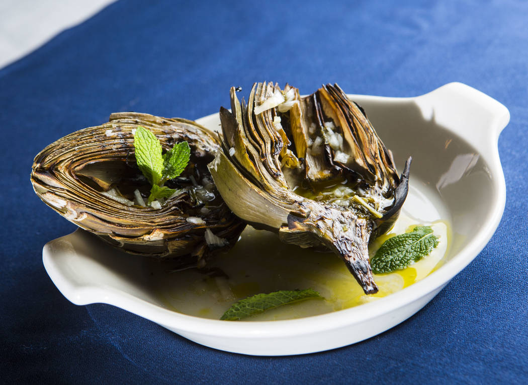 Grilled artichokes at Pizzeria Monzu, 6020 W. Flamingo Road, in Las Vegas on Saturday, May 5, 2018. Chase Stevens Las Vegas Review-Journal @csstevensphoto