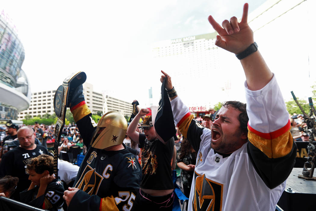 Brock Williams, 27, cheers during a Vegas Golden Knights watch party for game six of the Stanley Cup playoffs outside on Toshiba Plaza in Las Vegas on Sunday, May 6, 2018. Andrea Cornejo Las Vegas ...