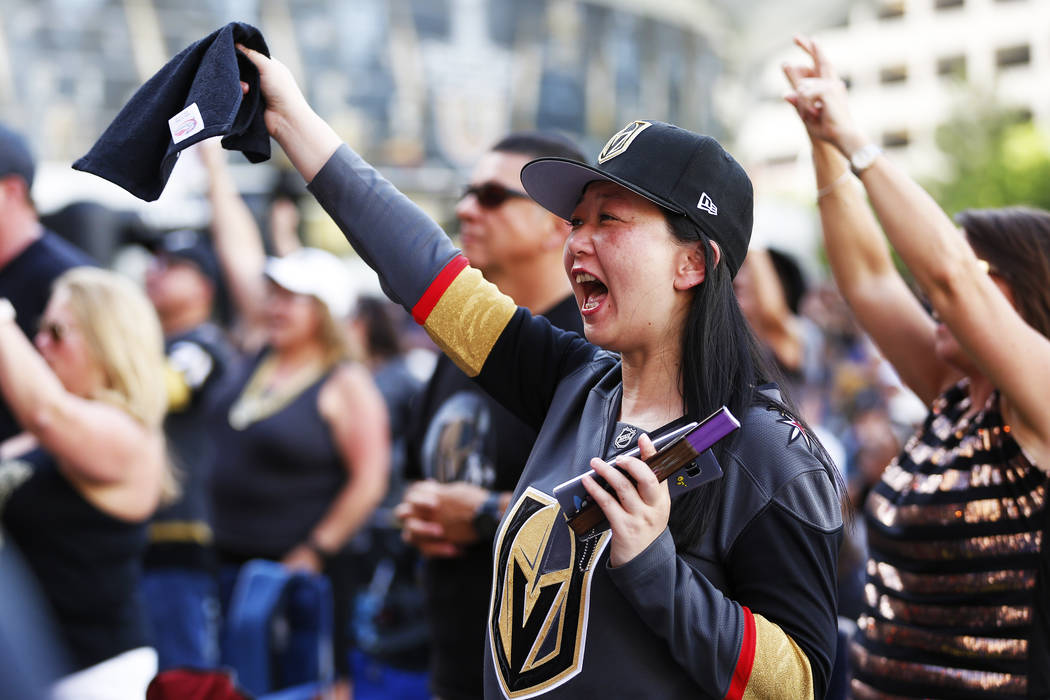 Fans attend a Vegas Golden Knights watch party for game six of the Stanley Cup playoffs outside on Toshiba Plaza in Las Vegas on Sunday, May 6, 2018. Andrea Cornejo Las Vegas Review-Journal @dreac ...