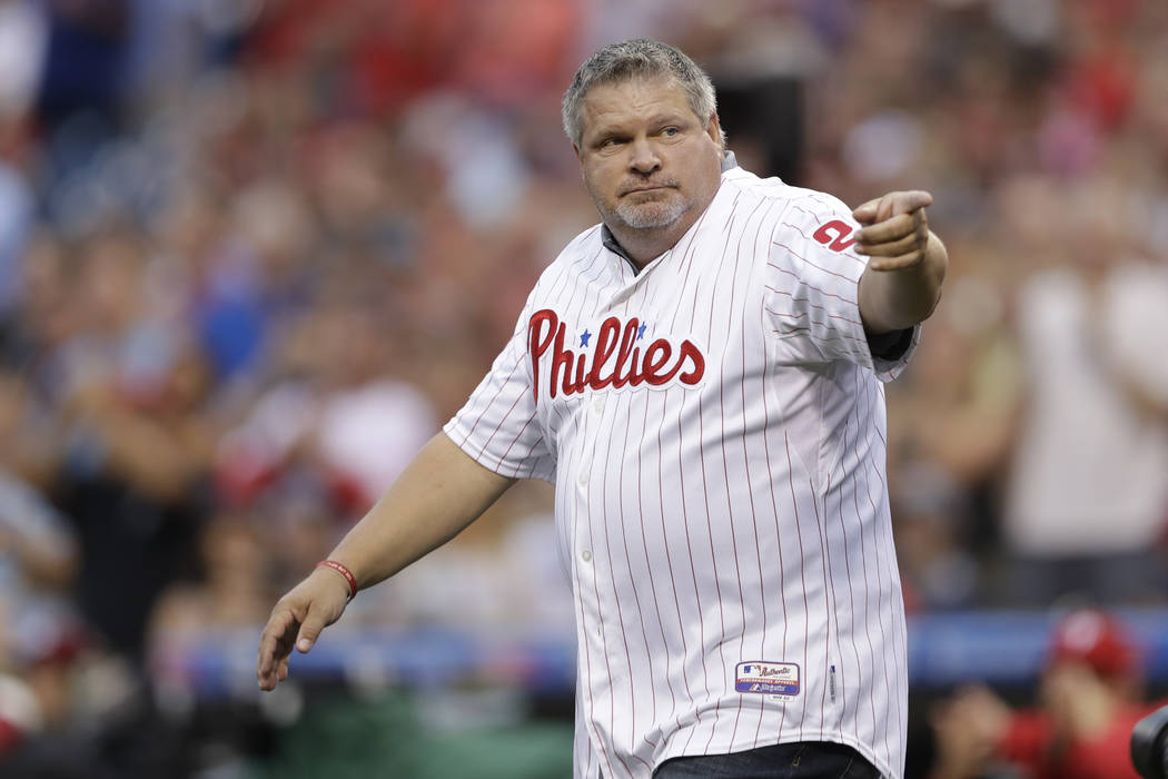 Philadelphia Phillies' John Kruk waves to the crowd before a baseball game against the New York Mets, Saturday, Aug. 12, 2017, in Philadelphia. (AP Photo/Matt Slocum)