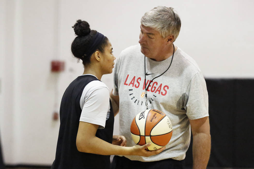 Head coach Bill Laimbeer talks to Nia Coffey, a second-year forward with the Las Vegas Aces, during practice at the Cox Pavilion practice court in Las Vegas on Saturday, May 5, 2018. Andrea Cornej ...
