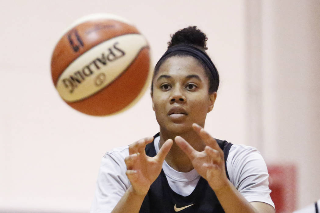 Nia Coffey, a second-year forward with the Las Vegas Aces, practices with her teammates at the Cox Pavilion practice court in Las Vegas on Saturday, May 5, 2018. Andrea Cornejo Las Vegas Review-Jo ...
