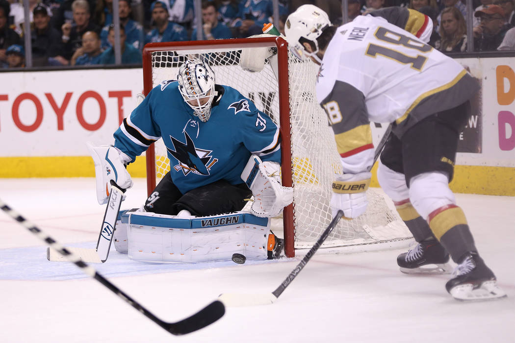 Vegas Golden Knights left wing James Neal (18) takes a shot against San Jose Sharks goaltender Martin Jones (31) during the first period in Game 6 of an NHL hockey second-round playoff series at t ...