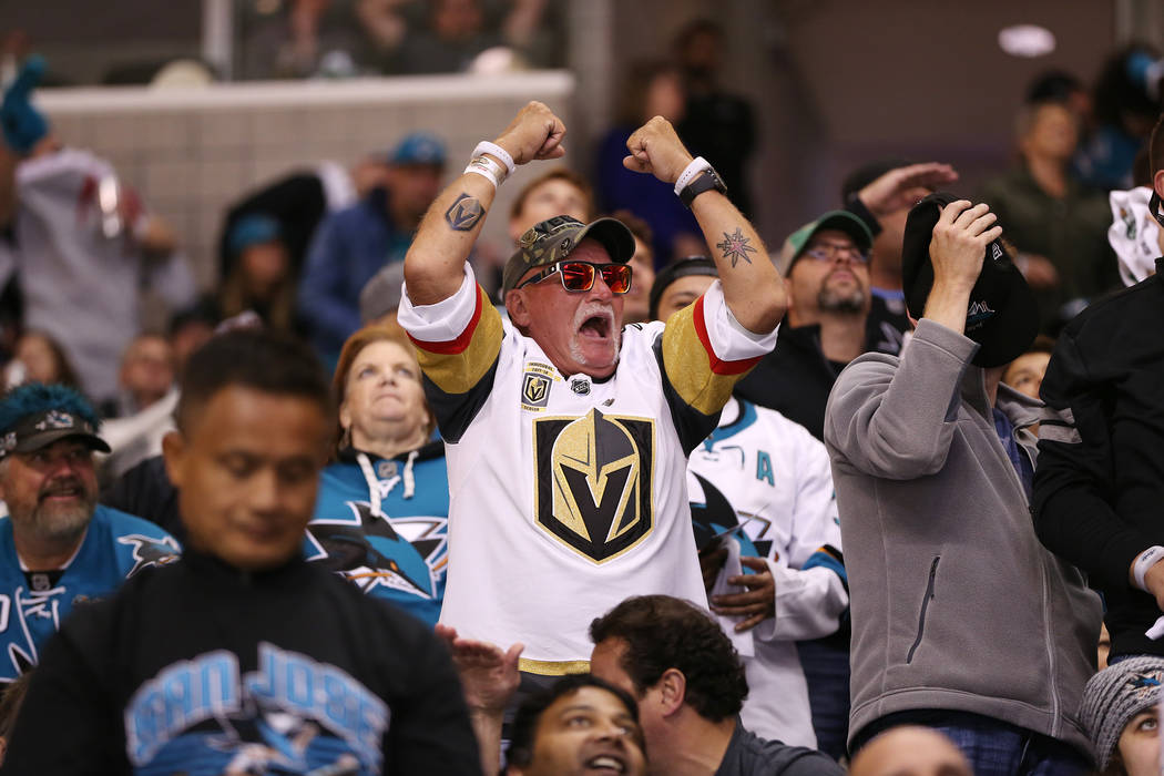 A Vegas Golden Knights fan reacts after a play during the first period in Game 6 of an NHL hockey second-round playoff series at the SAP Center in San Jose, Calif., Sunday, May 6, 2018. Erik Verdu ...