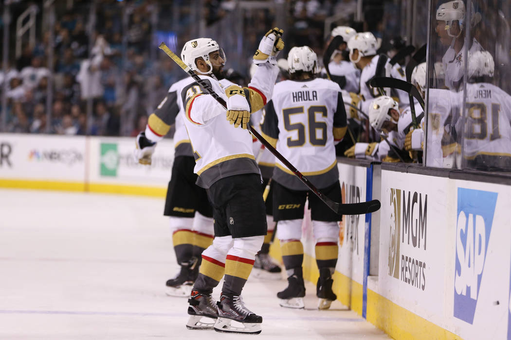 Vegas Golden Knights left wing Pierre-Edouard Bellemare (41) reacts after a score by his team during the second period in Game 6 of an NHL hockey second-round playoff series at the SAP Center in S ...