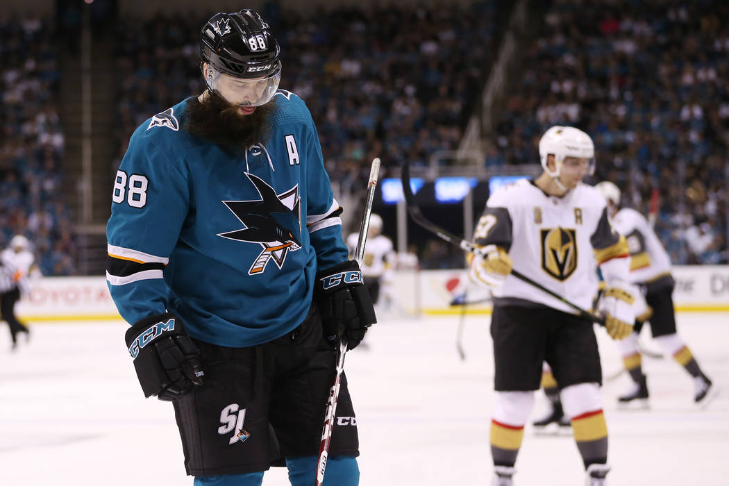 San Jose Sharks defenseman Brent Burns (88) during the second period in Game 6 of an NHL hockey second-round playoff series at the SAP Center in San Jose, Calif., Sunday, May 6, 2018. Erik Verduzc ...
