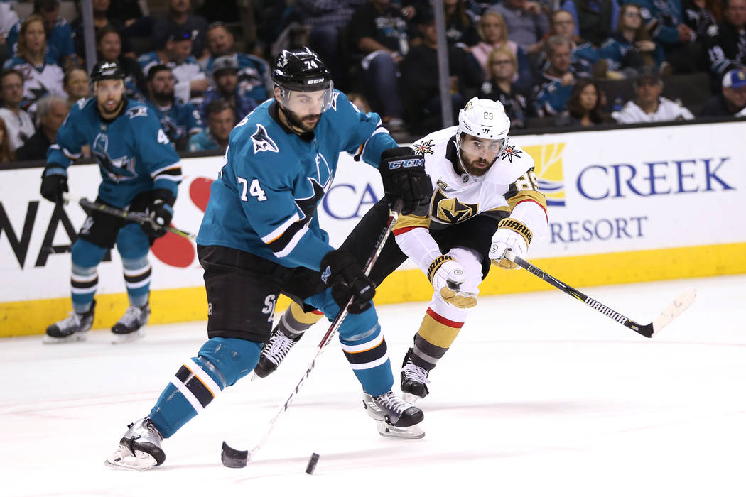 San Jose Sharks defenseman Dylan DeMelo (74) defends against Vegas Golden Knights right wing Alex Tuch (89) during the second period in Game 6 of an NHL hockey second-round playoff series at the S ...