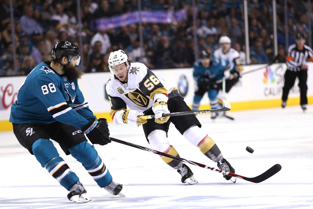 San Jose Sharks defenseman Brent Burns (88) defends against Vegas Golden Knights left wing Erik Haula (56) during the second period in Game 6 of an NHL hockey second-round playoff series at the SA ...