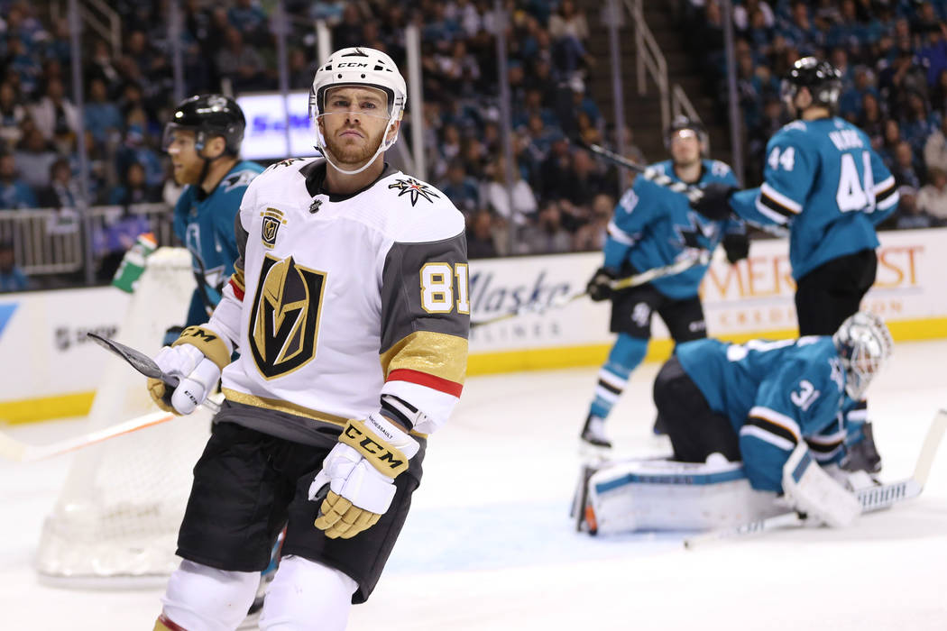 Vegas Golden Knights center Jonathan Marchessault (81) reacts after scoring against the San Jose Sharks during the second period in Game 6 of an NHL hockey second-round playoff series at the SAP C ...