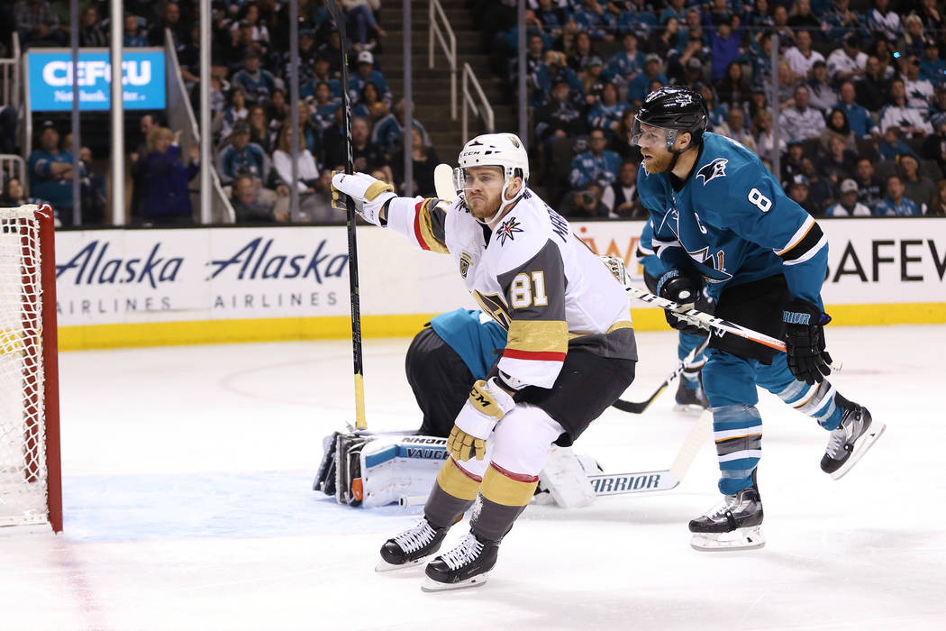Vegas Golden Knights center Jonathan Marchessault (81) reacts after making a shot against San Jose Sharks during the second period in Game 6 of an NHL hockey second-round playoff series at the SAP ...