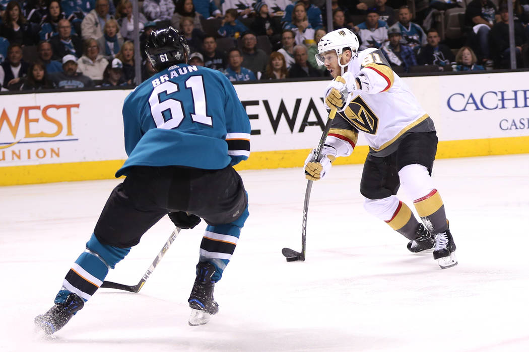 Vegas Golden Knights center Jonathan Marchessault (81) gets ready to shoot for a score against the San Jose Sharks during the second period in Game 6 of an NHL hockey second-round playoff series a ...