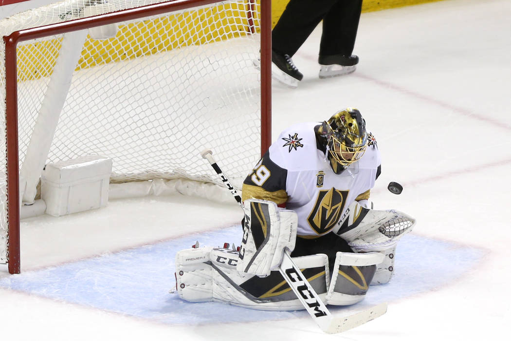Vegas Golden Knights goaltender Marc-Andre Fleury (29) makes a stop during the third period in Game 6 of an NHL hockey second-round playoff series at the SAP Center in San Jose, Calif., Sunday, Ma ...