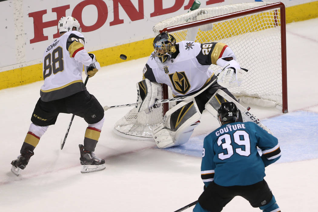 Vegas Golden Knights goaltender Marc-Andre Fleury (29) makes a stop during the third period in Game 6 of an NHL hockey second-round playoff series at the SAP Center in San Jose, Calif., Sunday, Ma ...