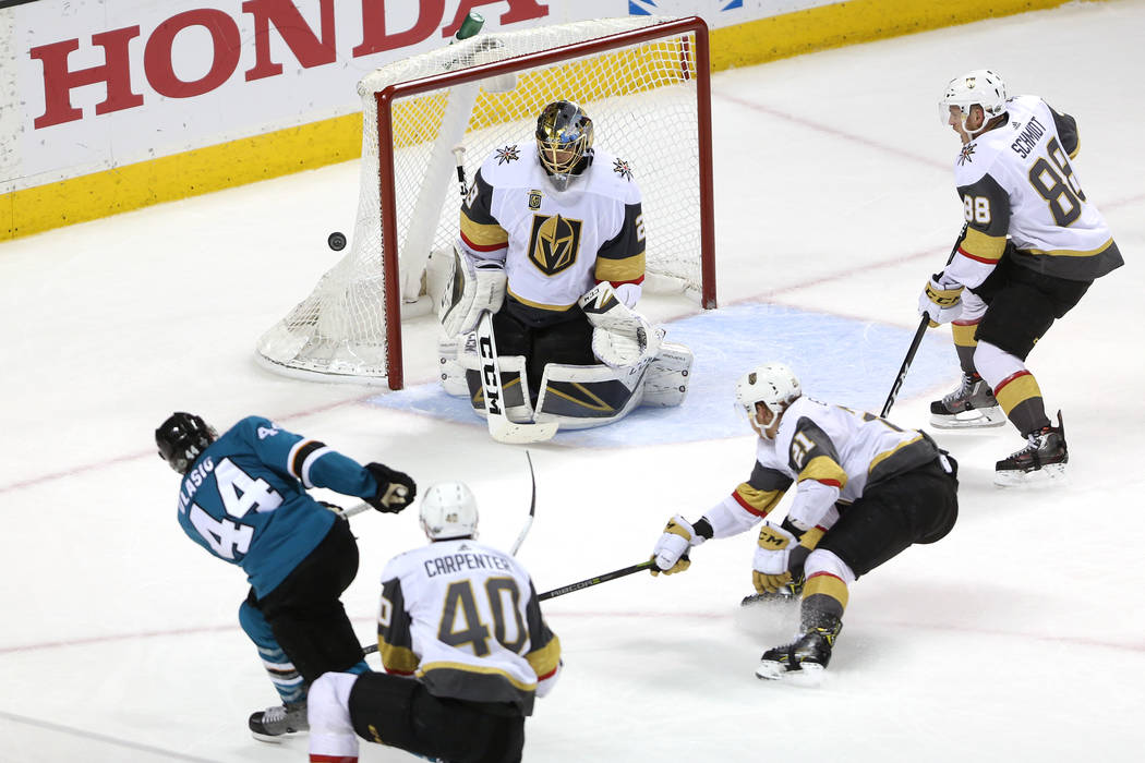 Vegas Golden Knights goaltender Marc-Andre Fleury (29) makes a stop during the third period in Game 6 of an NHL hockey second-round playoff series at the SAP Center in San Jose, Calif., Sunday, Ma ...