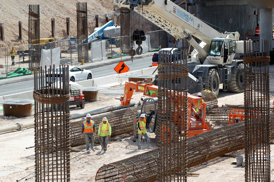 Work continues May, 8, 2018, on columns that will hold up the northbound and southbound lanes of Interstate 15 over Oakey Boulevard as part of Project Neon. K.M. Cannon Las Vegas Review-Journal @K ...