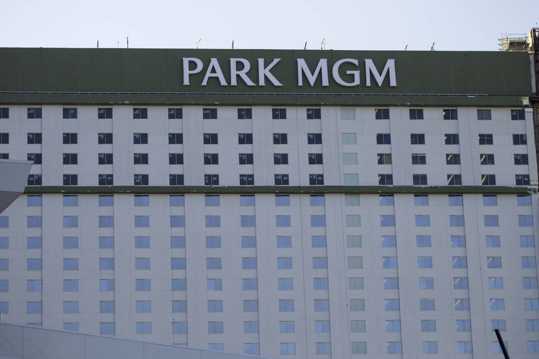 Newly installed Park MGM branding replaces Monte Carlo at the casino-hotel in Las Vegas, Friday, April 13, 2018. Las Vegas Review-Journal @Erik_Verduzco