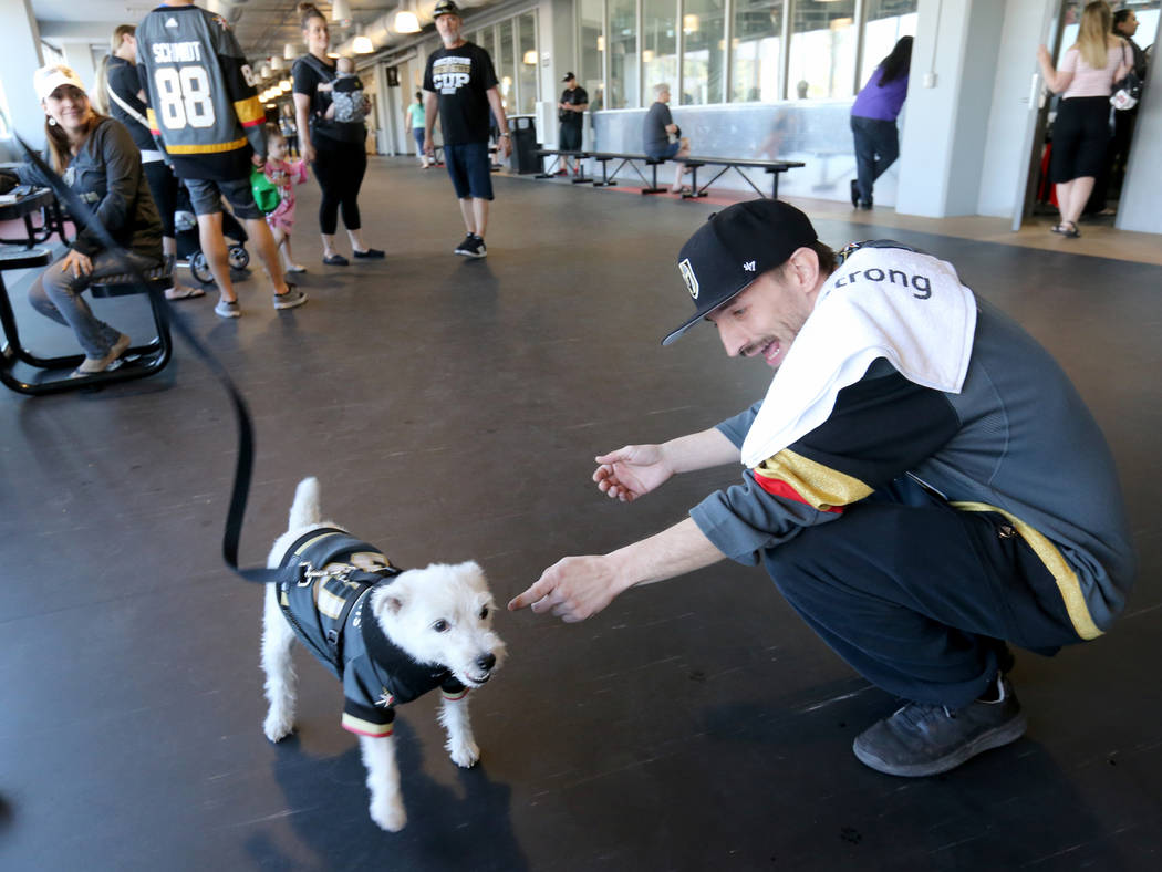 Jay Bryant Chavez of Las Vegas visits with Bark-Andre Furry during Vegas Golden Knights practice at City National Arena in Las Vegas on Wednesday, May 9, 2018. K.M. Cannon Las Vegas Review-Journal ...
