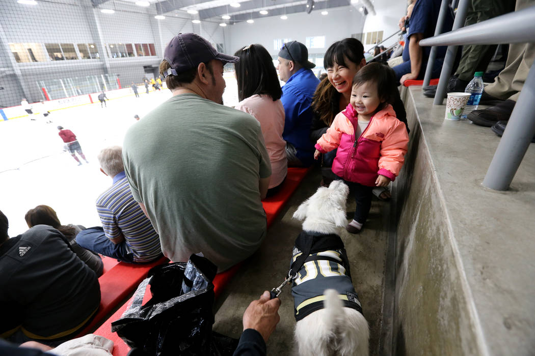 Rina Shibata and her daughter Lynn, 15 months, visit with Bark-Andre Furry during Vegas Golden Knights practice at City National Arena in Las Vegas on Wednesday, May 9, 2018. K.M. Cannon Las Vegas ...