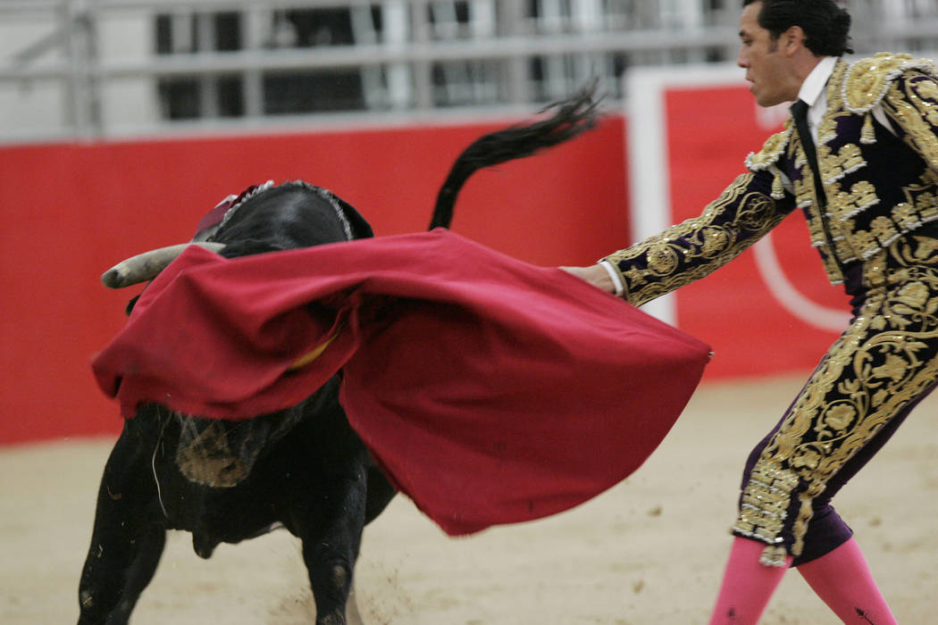 DUANE PROKOP/LAS VEGAS REVIEW-JOURNAL Bullfighter Eulalio "Zotoluco" Lopez fights the 480kgs bull named Conquistador during the Don Bull Productions bloodless Bullfighting event at Sout ...