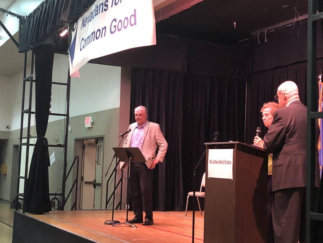 Clark County Commissioner Steve Sisolak speaks to the crowd of nearly 600 attendees at a forum Tuesday hosted by Nevadans for the Common Good.