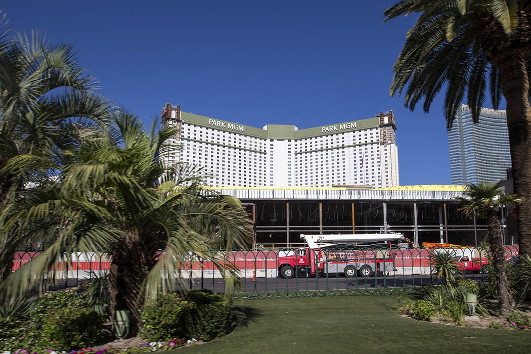 Construction continues at Park MGM, formerly the Monte Carlo, on the Strip in Las Vegas on Tuesday, May 8, 2018. Richard Brian Las Vegas Review-Journal @vegasphotograph