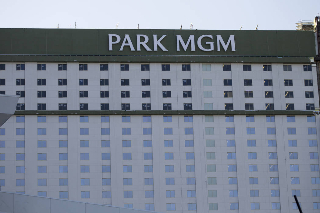 Newly installed Park MGM branding replaces Monte Carlo at the casino-hotel in Las Vegas, Friday, April 13, 2018. Erik Verduzco Las Vegas Review-Journal @Erik_Verduzco