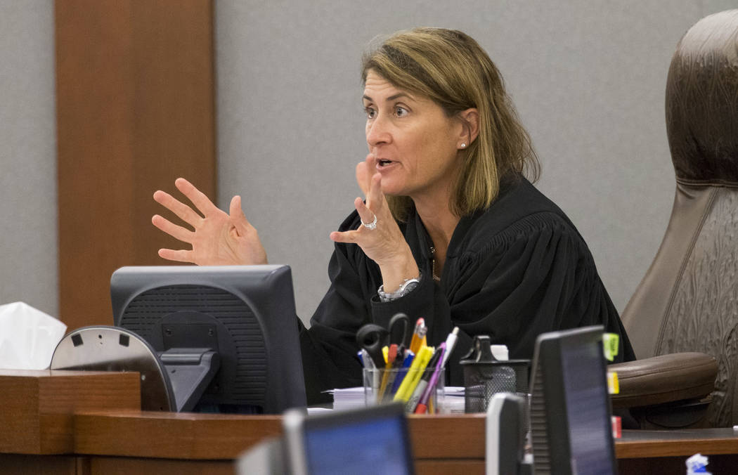 District Judge Jennifer Togliatti gestures during the hearing of two-time killer Scott Dozier at the Regional Justice Center on Sept. 11, 2017, in downtown Las Vegas. Richard Brian Las Vegas Revie ...