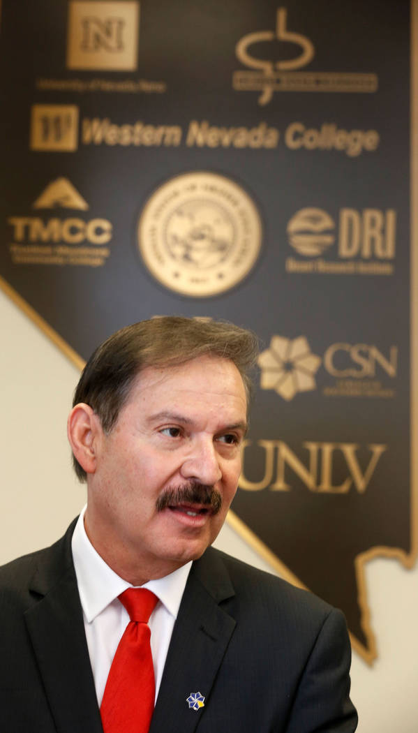 Dr. Federico Zaragoza speaks to reporters at the Nevada System of Higher Education office in Las Vegas, Friday, May 11, 2018. Zaragoza was appointed as a new president to the College of Southern ...