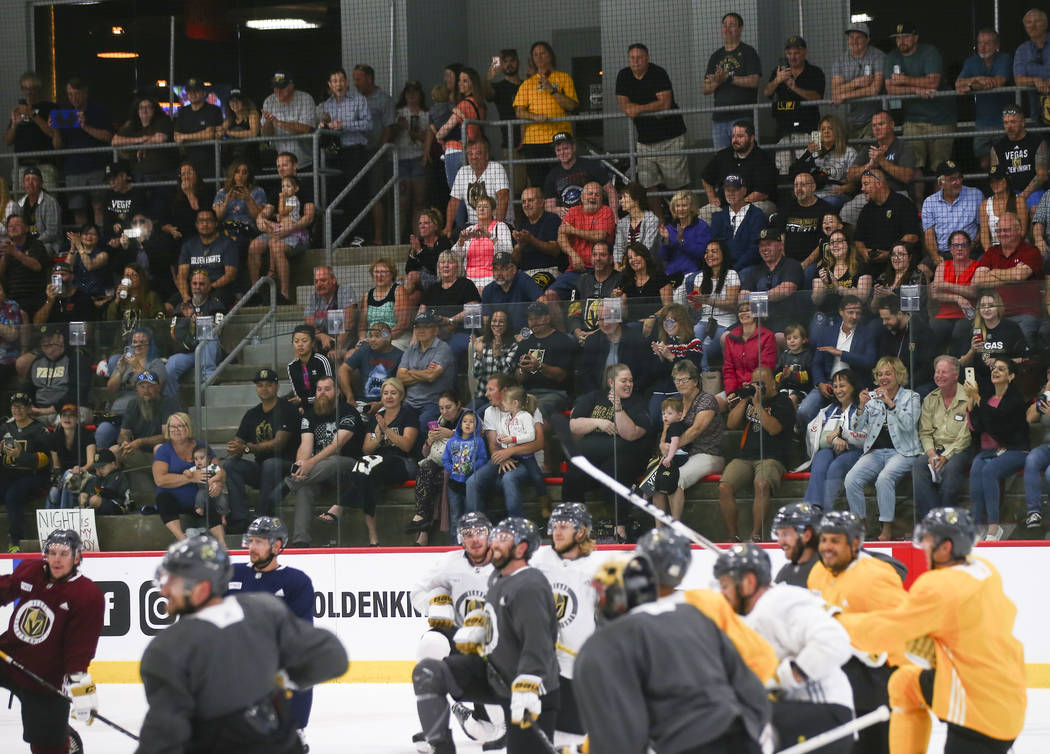 Golden Knights fans sing "Happy Birthday to You" to Alex Tuch, not pictured, during practice at City National Arena in Las Vegas on Thursday, May 10, 2018. Chase Stevens Las Vegas Review ...