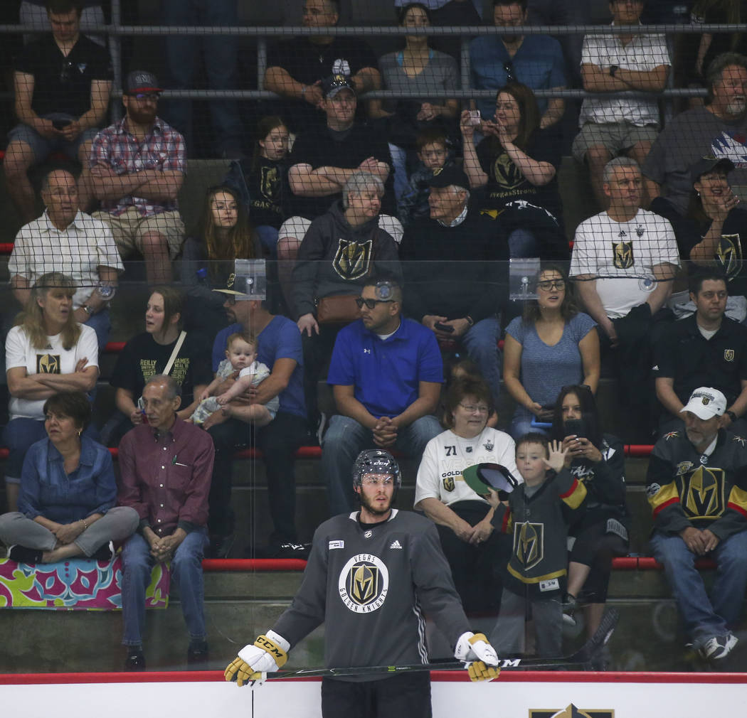 Golden Knights fans watch as defenseman Brayden McNabb (3) looks on during practice at City National Arena in Las Vegas on Thursday, May 10, 2018. Chase Stevens Las Vegas Review-Journal @csstevens ...