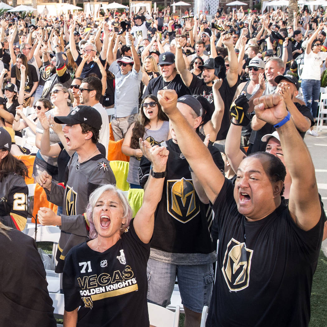 Golden Knights fans erupt at a watch party at Red Rock Casino after Golden Knights right wing Alex Tuch scored a first period goal during Vegas' game two NHL Western Conference Finals road matchup ...