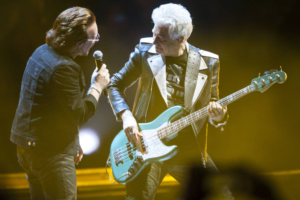 Bono, left, and Adam Clayton of U2 perform at T-Mobile Arena in Las Vegas on Friday, May 11, 2018. Chase Stevens Las Vegas Review-Journal @csstevensphoto