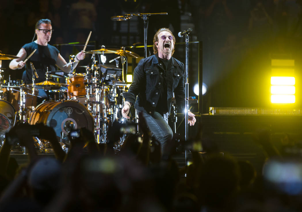 Larry Mullen Jr., left, and Bono of U2 perform at T-Mobile Arena in Las Vegas on Friday, May 11, 2018. Chase Stevens Las Vegas Review-Journal @csstevensphoto