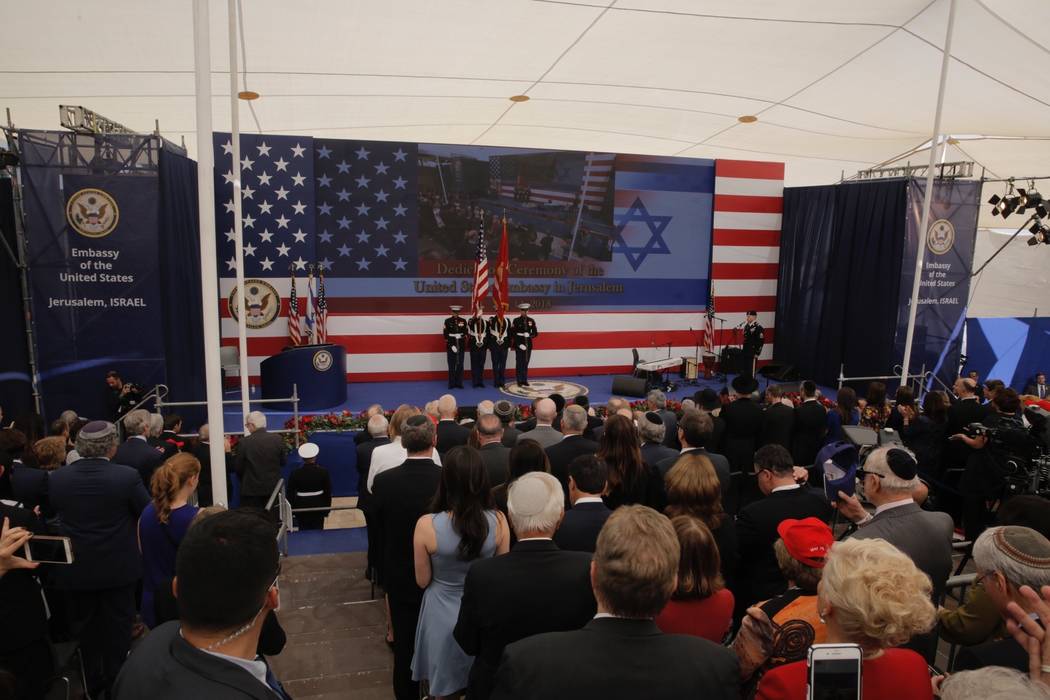 Presentation of colors by U.S Marines and singing of the U.S national anthem during the opening ceremony of the new US embassy in Jerusalem, Monday, May 14, 2018. Amid deadly clashes along the Isr ...