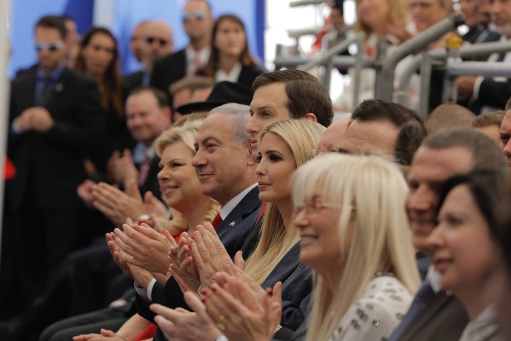 Israel's Prime Minister Benjamin Netanyahu, 2nd left, his wife Sara Netanyahu, left, Senior White House Advisor Jared Kushner, 3rd left, US President's daughter Ivanka Trump, center, US Treasury S ...