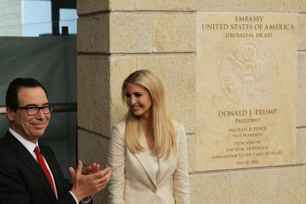 U.S. President Donald Trump's daughter Ivanka Trump, right, and U.S. Treasury Secretary Steve Mnuchin attend the opening ceremony of the new U.S. embassy in Jerusalem, Monday, May 14, 2018. Amid d ...