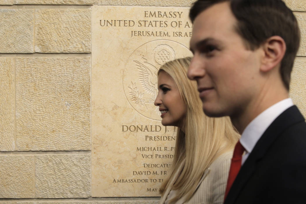 U.S. President Donald Trump's daughter Ivanka, left, and White House senior adviser Jared Kushner attends the opening ceremony of the new U.S. Embassy in Jerusalem, Monday, May 14, 2018. Amid dead ...