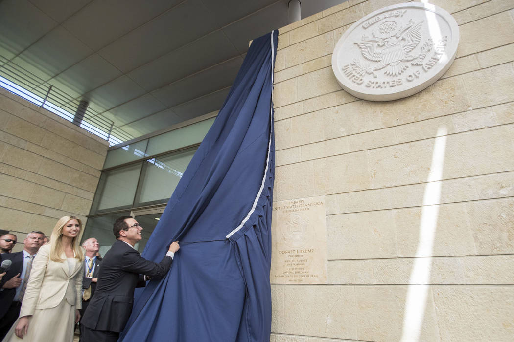 U.S. President Donald Trump's daughter Ivanka, left, and U.S. Treasury Secretary Steve Mnuchin during the opening ceremony of the new US embassy in Jerusalem, Monday, May 14, 2018. Amid deadly cla ...